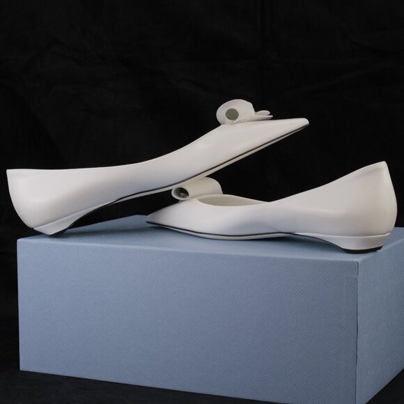 Prada Sculptural Twist Floral-Appliqued Ballerina Flats, White Polished Leather - Picture 10 of 12